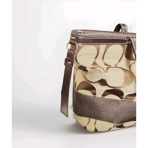 Coach F19046 Authentic Brown & Tan Signature C Stripe Shoulder Tote Purse Bag - Picture 4 of 8